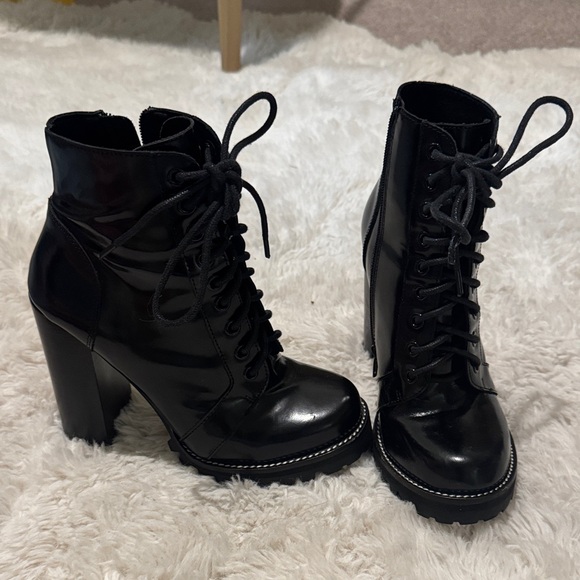Black Lace-Up Women's Boots shiny black legion Jeffrey Campbell 7 heeled tall - Picture 2 of 13